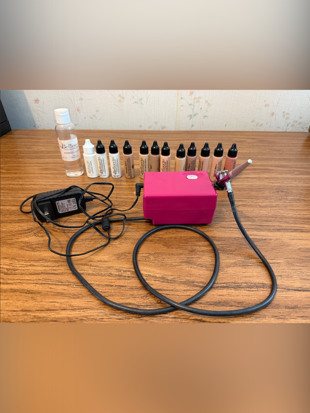 Professional Pink Airbrush Makeup Compressor Kit with Multiple Shades